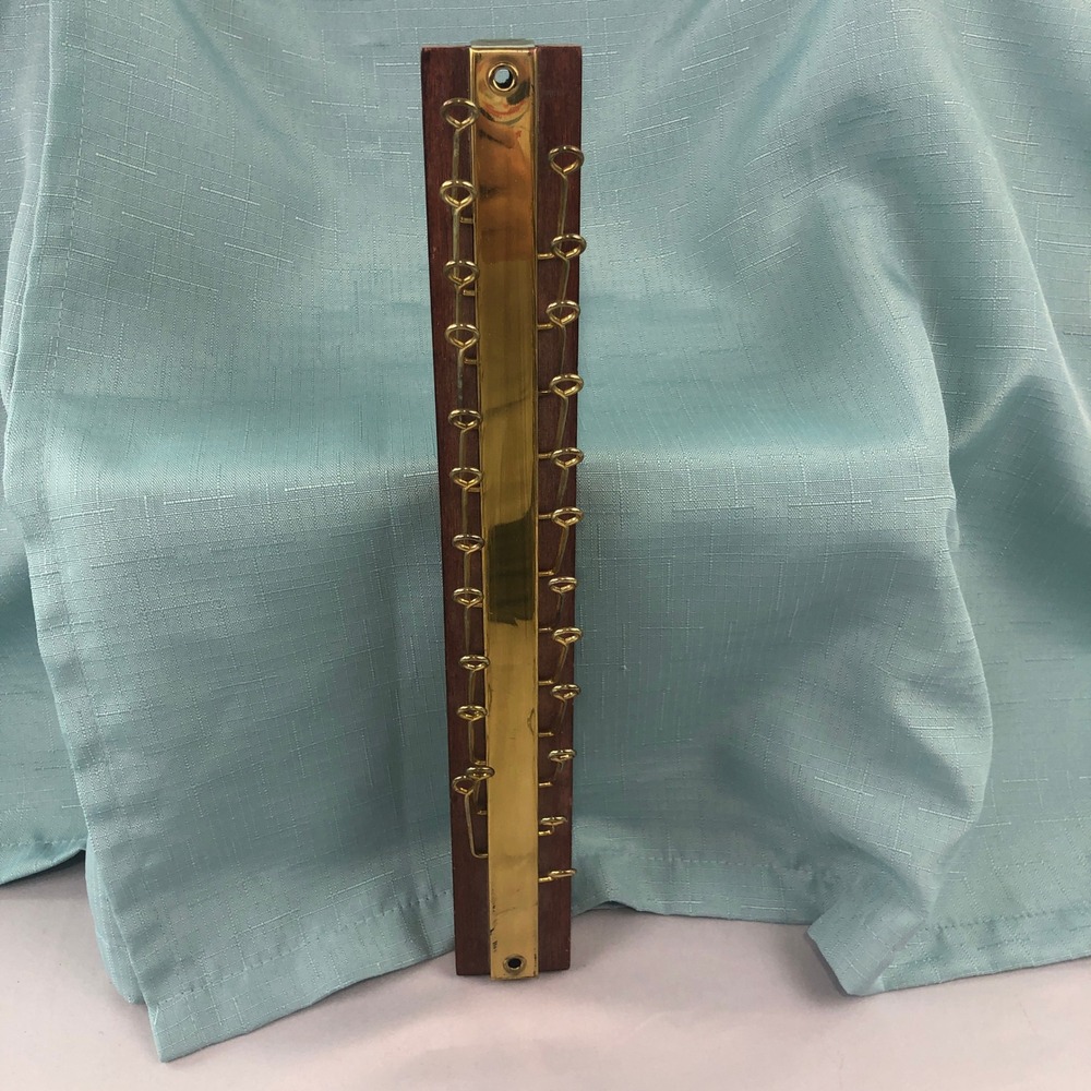 Vintage Wood and Brass Wall Mount Tie Rack Organizer 24 Hook Mid Century Style